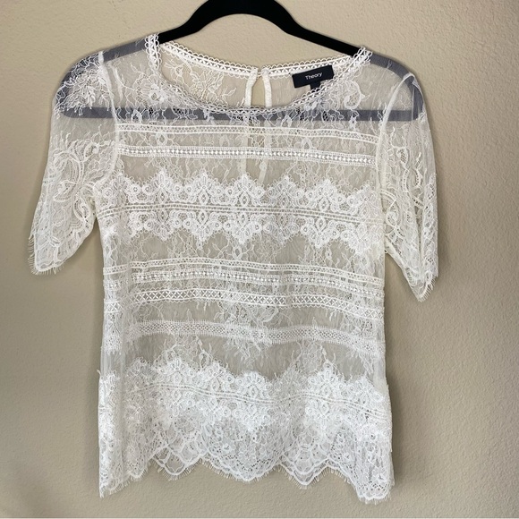 Theory White Lace Sheer Blouse Short Sleeve Top - Picture 1 of 5